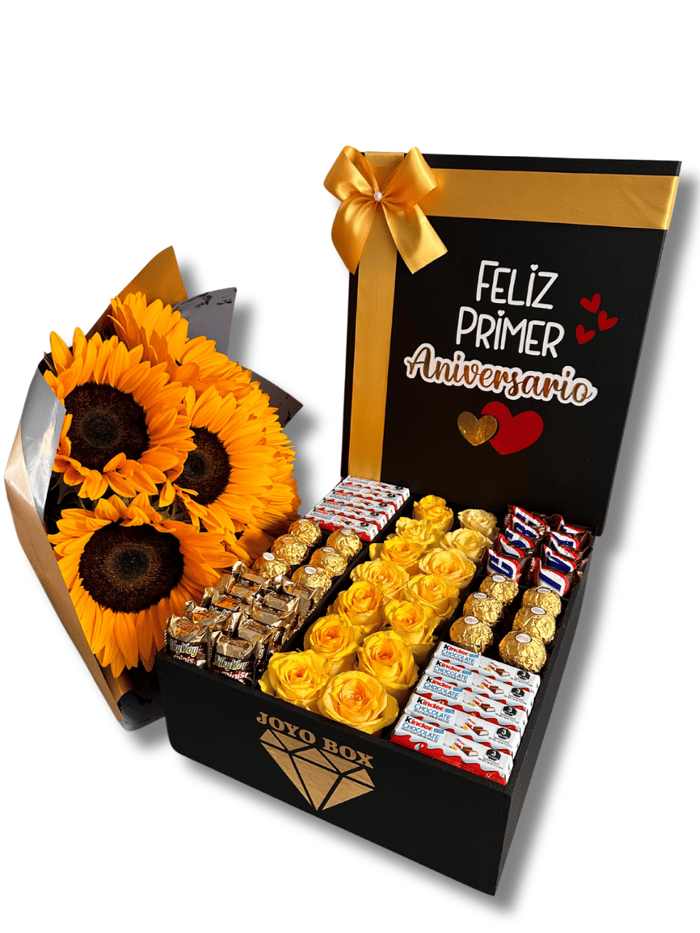 BOX ROSAS CON CHOCOLATES + RAMO DE GIRASOLES 